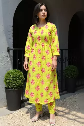 Green printed pure cotton kurta trouser set