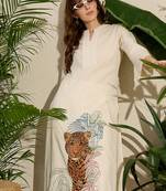 Off white embroidered pure cotton kurta trouser set