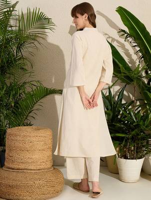 Off white embroidered pure cotton kurta trouser set 2