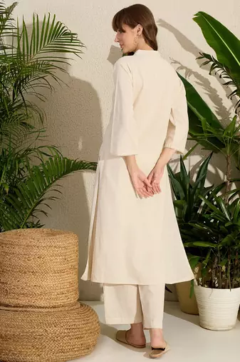Off white embroidered pure cotton kurta trouser set