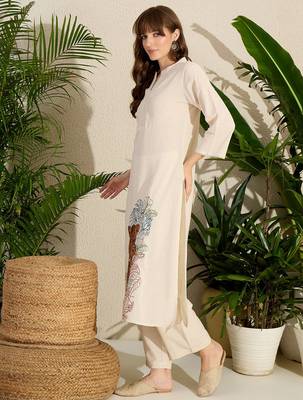 Off white embroidered pure cotton kurta trouser set 3