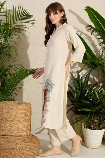 Off white embroidered pure cotton kurta trouser set