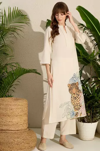 Off white embroidered pure cotton kurta trouser set