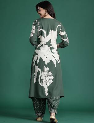 Green printed viscose rayon kurta trouser set 2