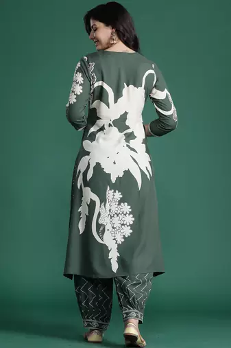 Green printed viscose rayon kurta trouser set