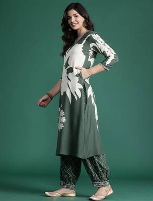 Green printed viscose rayon kurta trouser set 3