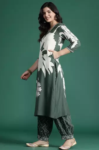 Green printed viscose rayon kurta trouser set