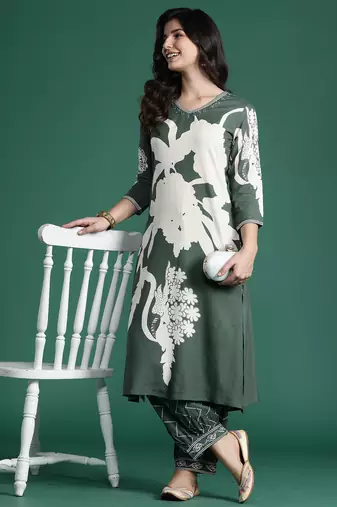 Green printed viscose rayon kurta trouser set