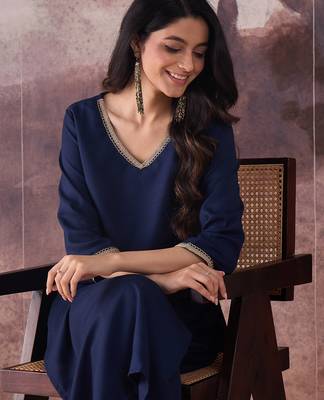Navy blue printed pure cotton kurta trouser set 1