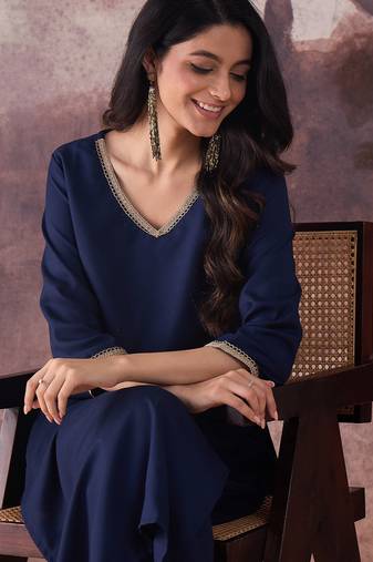 Navy blue printed pure cotton kurta trouser set