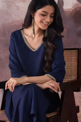 Navy blue printed pure cotton kurta trouser set