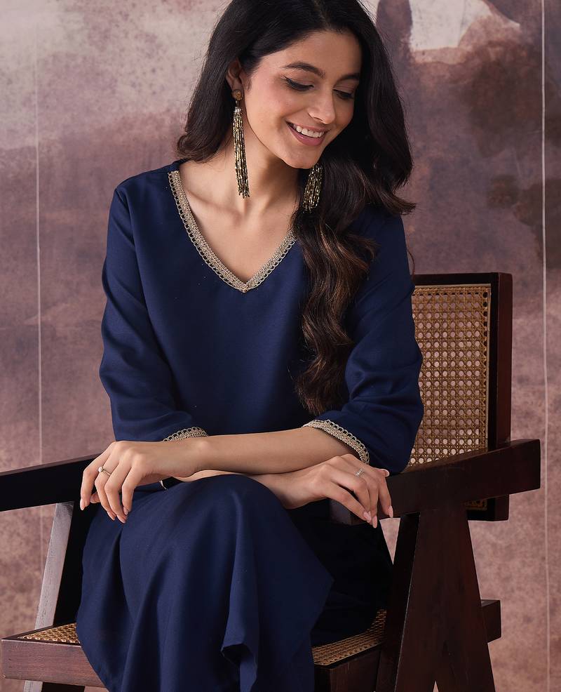 Navy blue printed pure cotton kurta trouser set