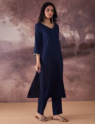 Navy blue printed pure cotton kurta trouser set 3