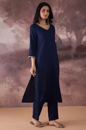 Navy blue printed pure cotton kurta trouser set