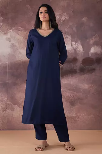 Navy blue printed pure cotton kurta trouser set