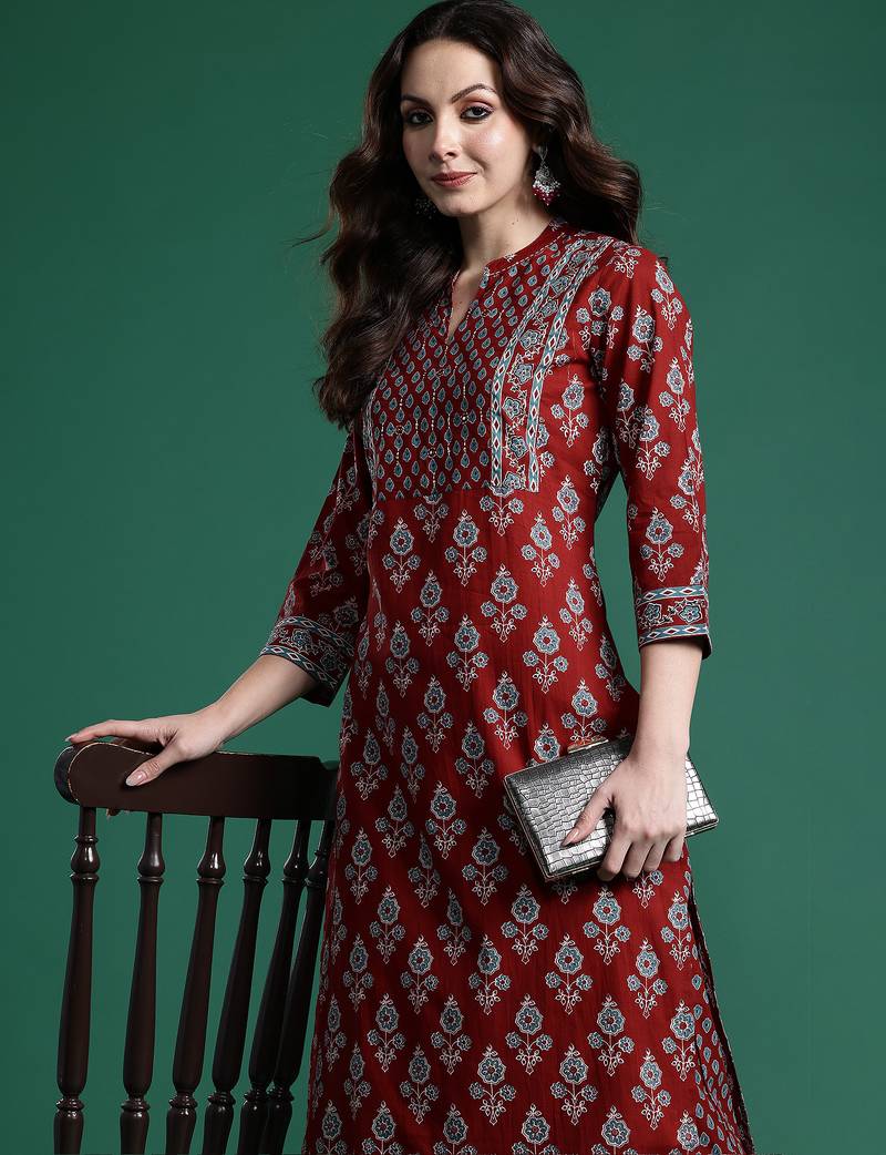 Orange printed pure cotton kurta trouser set