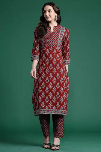 Orange printed pure cotton kurta trouser set
