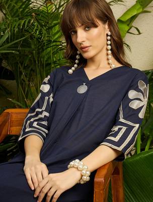 Navy blue embroidered pure cotton kurta trouser set 1