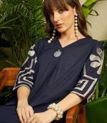 Navy blue embroidered pure cotton kurta trouser set