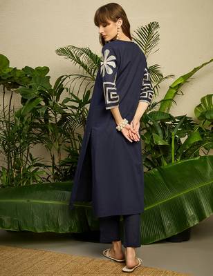 Navy blue embroidered pure cotton kurta trouser set 2