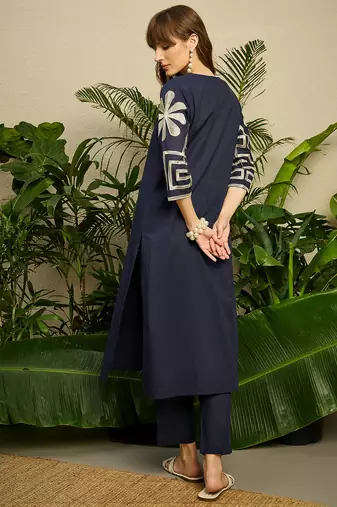 Navy blue embroidered pure cotton kurta trouser set