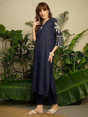 Navy blue embroidered pure cotton kurta trouser set 3