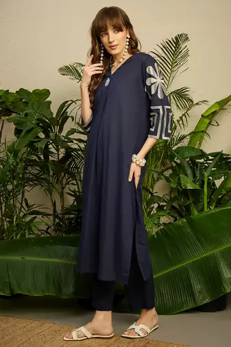 Navy blue embroidered pure cotton kurta trouser set
