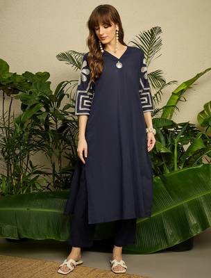 Navy blue embroidered pure cotton kurta trouser set 4