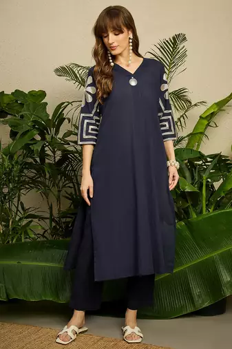 Navy blue embroidered pure cotton kurta trouser set