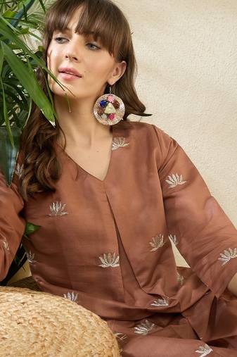 Brown embroidered silk kurta trouser set