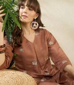 Brown embroidered silk kurta trouser set
