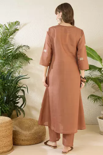 Brown embroidered silk kurta trouser set