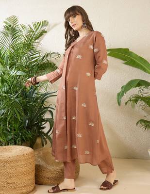 Brown embroidered silk kurta trouser set 3