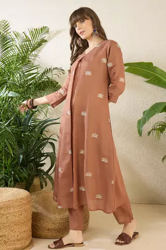 Brown embroidered silk kurta trouser set