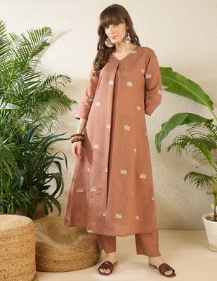 Brown embroidered silk kurta trouser set 4