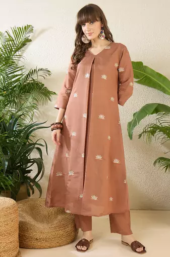 Brown embroidered silk kurta trouser set