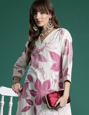 White printed pure cotton kurta trouser set 1
