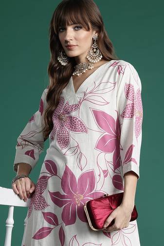 White printed pure cotton kurta trouser set