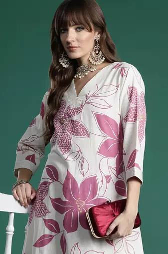 White printed pure cotton kurta trouser set