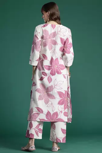 White printed pure cotton kurta trouser set