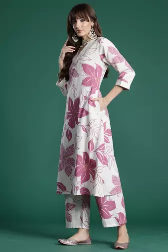 White printed pure cotton kurta trouser set