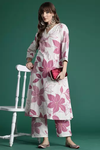 White printed pure cotton kurta trouser set