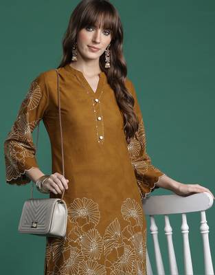 Mustard printed pure cotton kurta trouser set 1