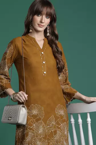Mustard printed pure cotton kurta trouser set