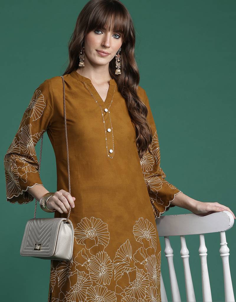Mustard printed pure cotton kurta trouser set