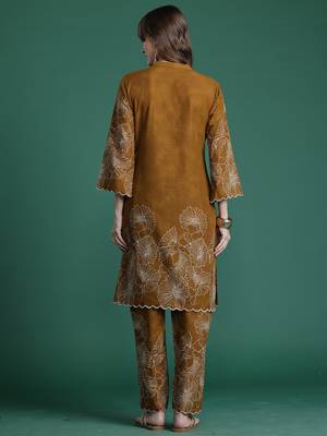 Mustard printed pure cotton kurta trouser set 2