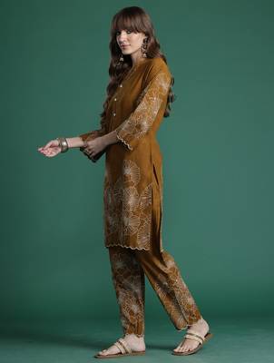 Mustard printed pure cotton kurta trouser set 3