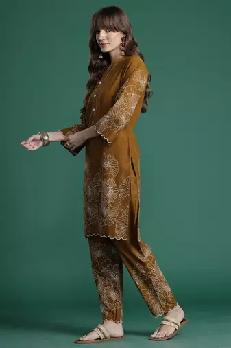 Mustard printed pure cotton kurta trouser set