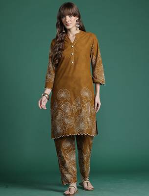 Mustard printed pure cotton kurta trouser set 4