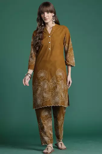 Mustard printed pure cotton kurta trouser set